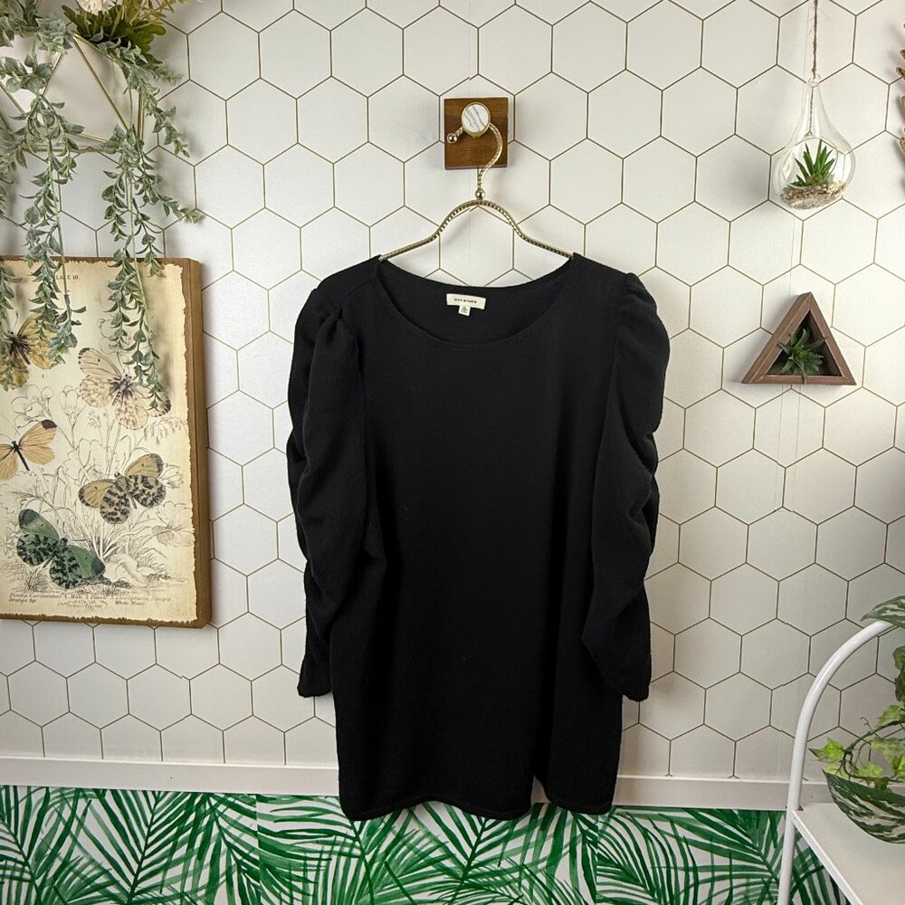 Max Studio Black Textured Puff Ruched Long Sleeve Top - Size - XL
